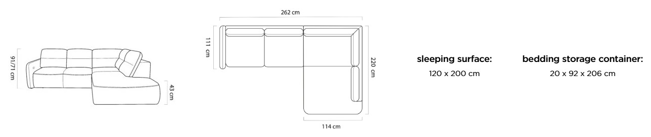 Rohová sedacia súprava VERONA L technický nákres rozmerov 262 × 220 cm a plocha na spanie 120 × 200 cm
